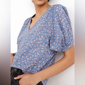 Madewell V-neck puff sleeve cotton floral top blue red white Size S